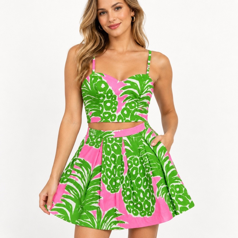 Lilly Pulitzer Pink Green Pineapple Palm Bustier Crop Top and Skirt Set Size 0
